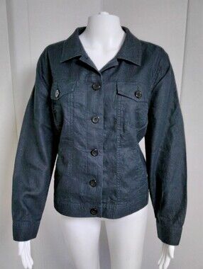 Linden Hill 100% Linen Black Button Down Utility Lagenlook Trucker Jacket Sz L